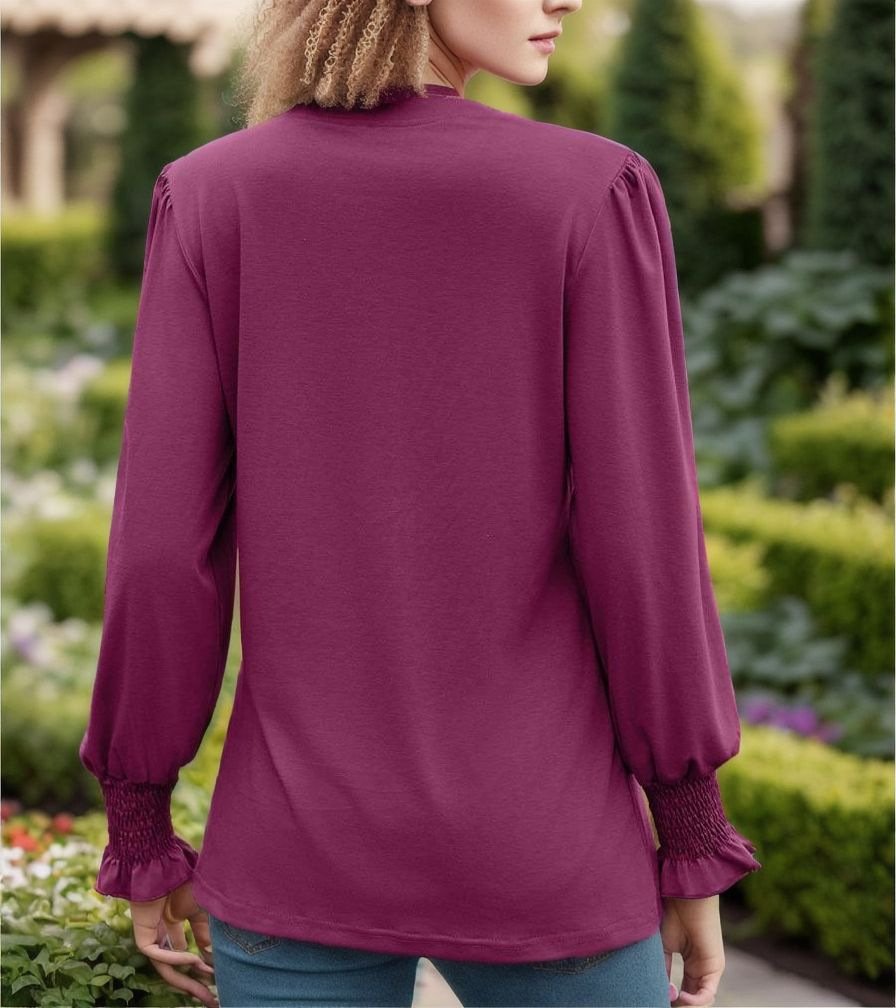 Gekerbt Langarm Unifarben Regelmäßig Mikroelastizität Weit Bluse für Damen