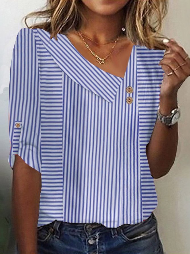 Lässig Gestreift Asymmetrisch Dreiviertelärmel T-Shirt