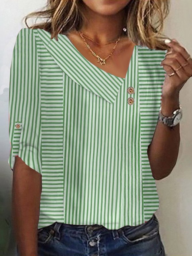 Lässig Gestreift Asymmetrisch Dreiviertelärmel T-Shirt