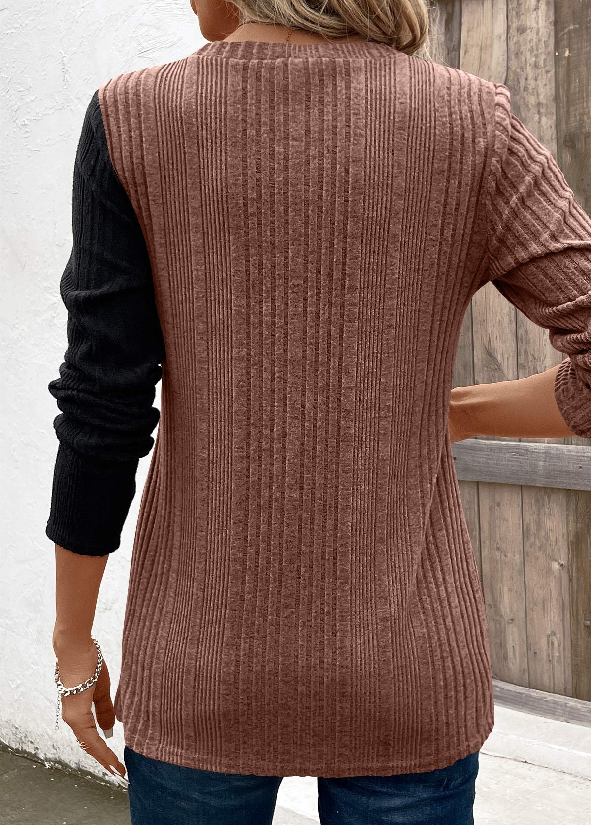 Rundhals Langarm Farbblock Regelmäßig Mikroelastizität Weit Bluse für Damen