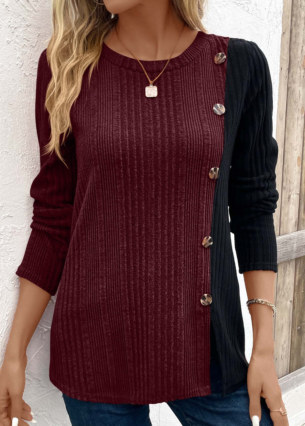 Rundhals Langarm Farbblock Regelmäßig Mikroelastizität Weit Bluse für Damen
