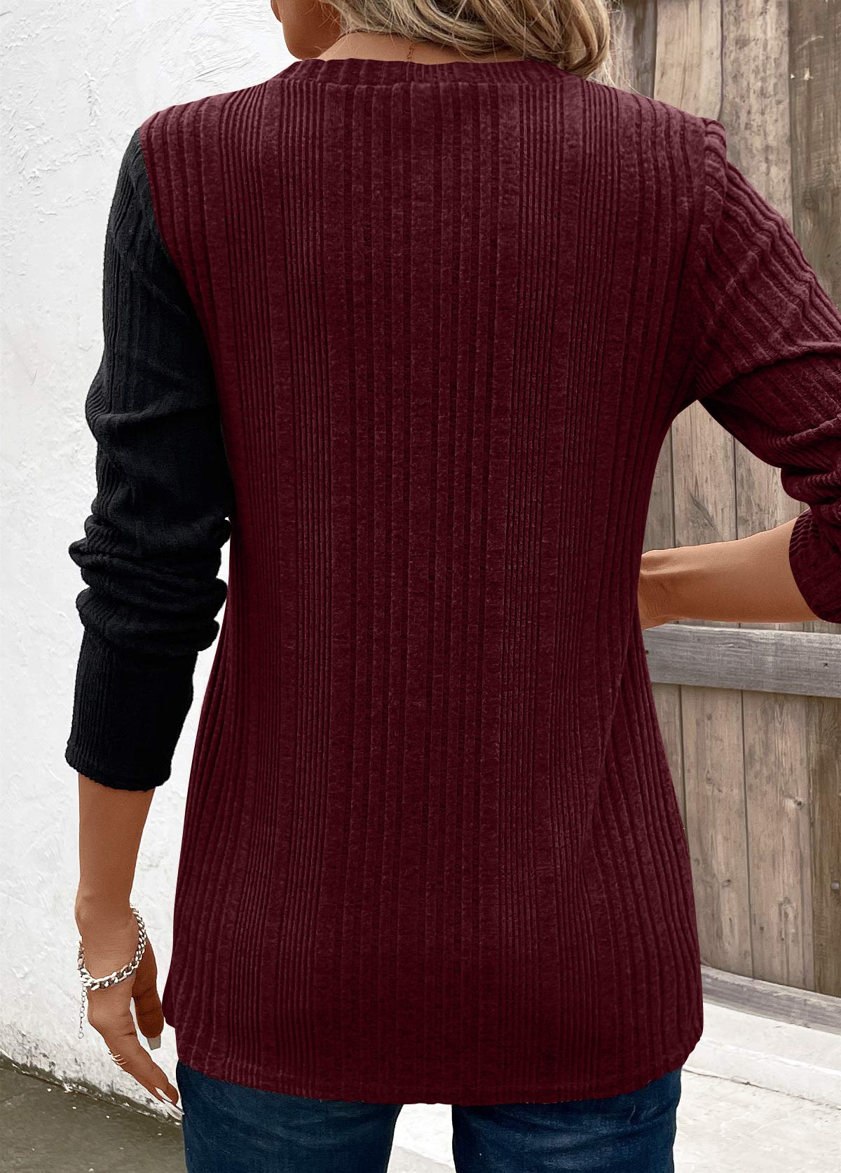 Rundhals Langarm Farbblock Regelmäßig Mikroelastizität Weit Bluse für Damen