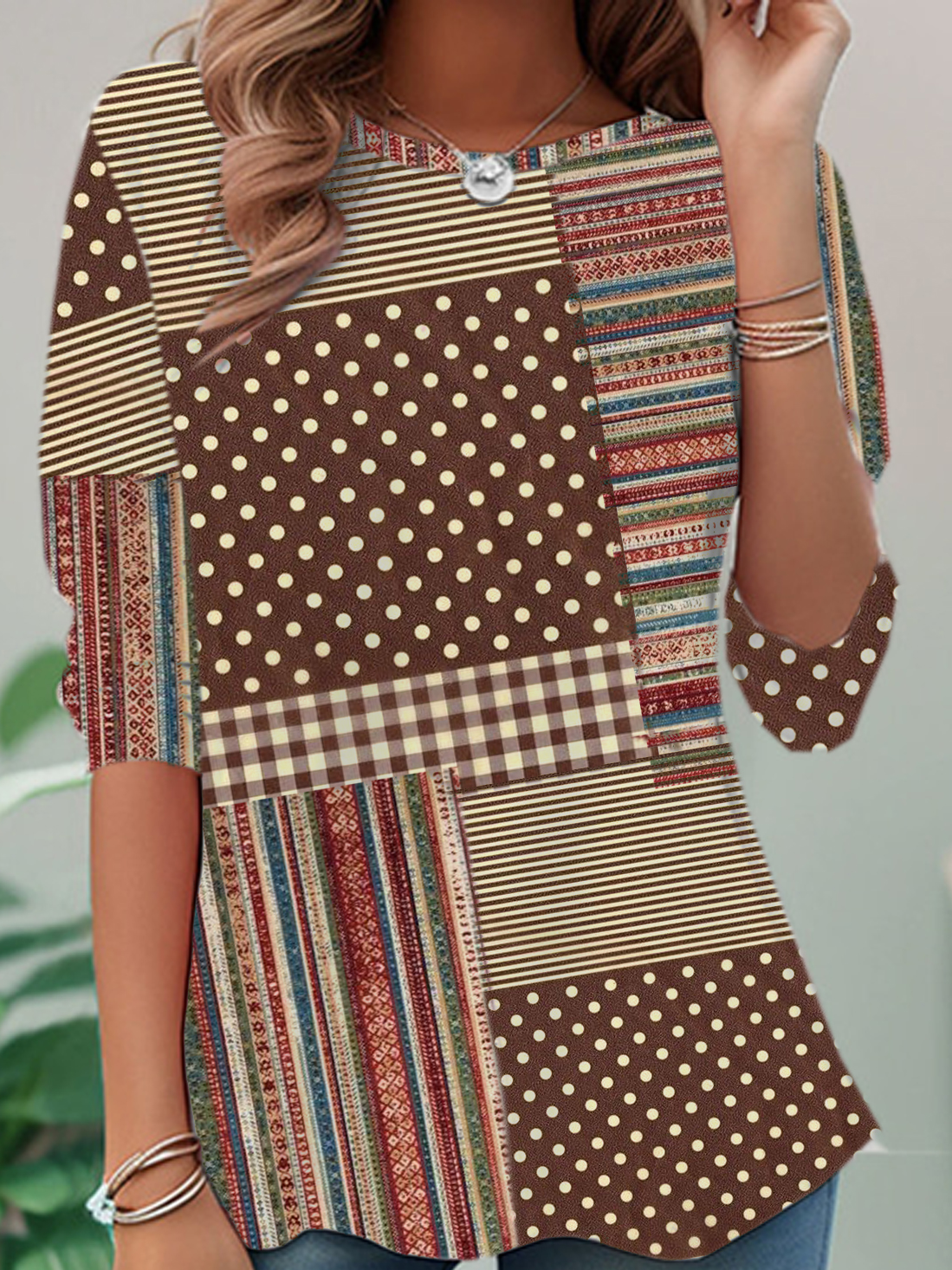 Lässig Gestreift Rundhals Langarm T-Shirt