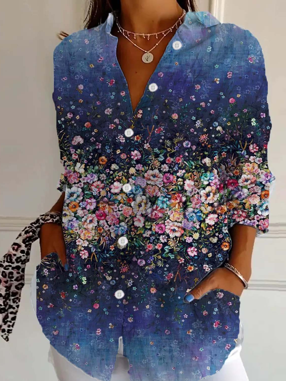 Hemdkragen Langarm Geblümt Leicht Regelmäßige Passform Bluse für Damen