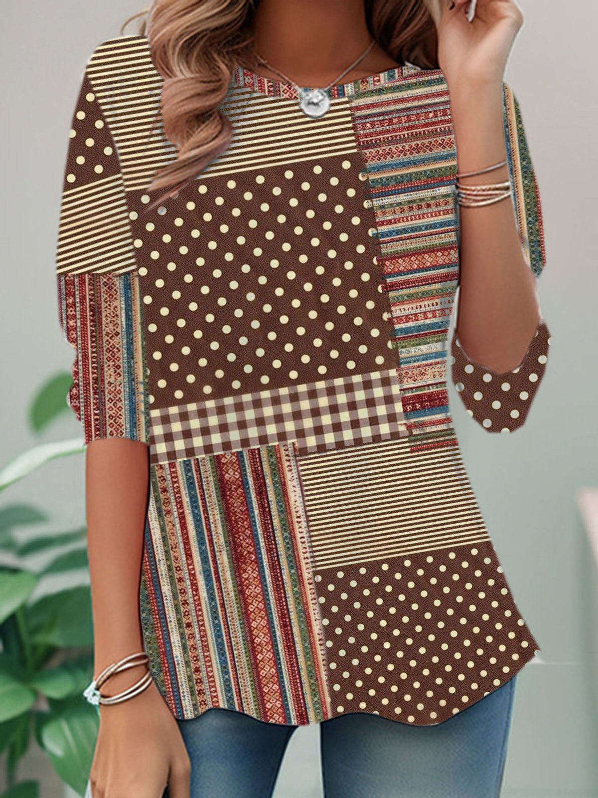 Lässig Gestreift Rundhals Langarm T-Shirt