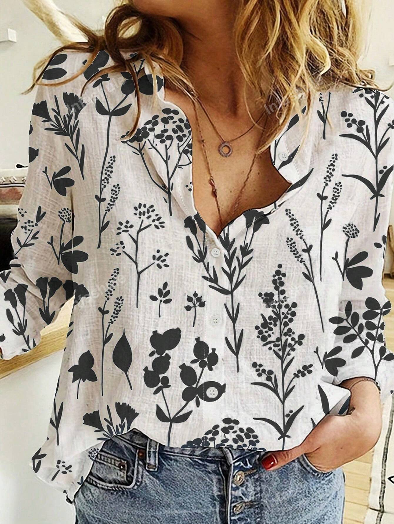 Hemdkragen Langarm Geblümt Leicht Regelmäßige Passform Bluse für Damen