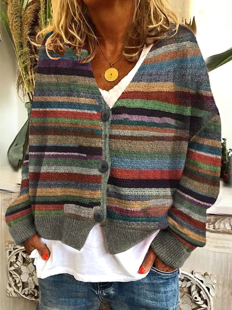 Damen Garn/Wollgarn abstrakte Streifen Langarm Bequem Lässig Schnalle Strickjacke