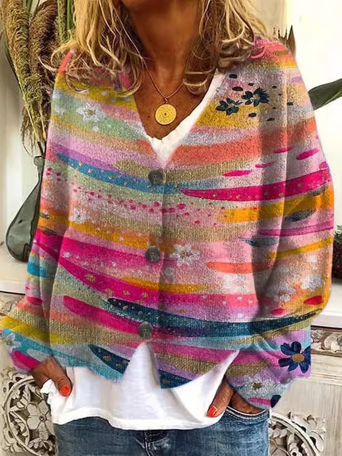 Damen Garn/Wollgarn abstrakte Streifen Langarm Bequem Lässig Schnalle Strickjacke