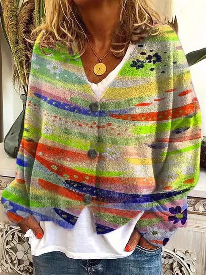 Damen Garn/Wollgarn abstrakte Streifen Langarm Bequem Lässig Schnalle Strickjacke