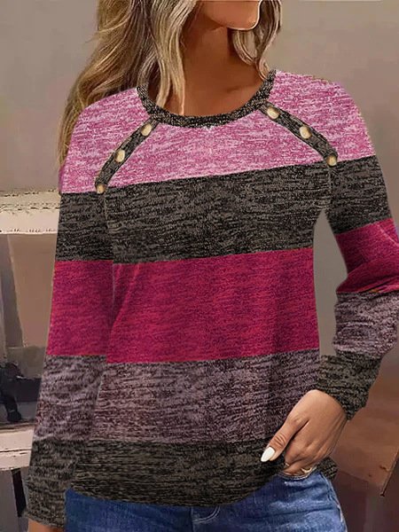 Lässig Farbblock Rundhals Langarm T-Shirt