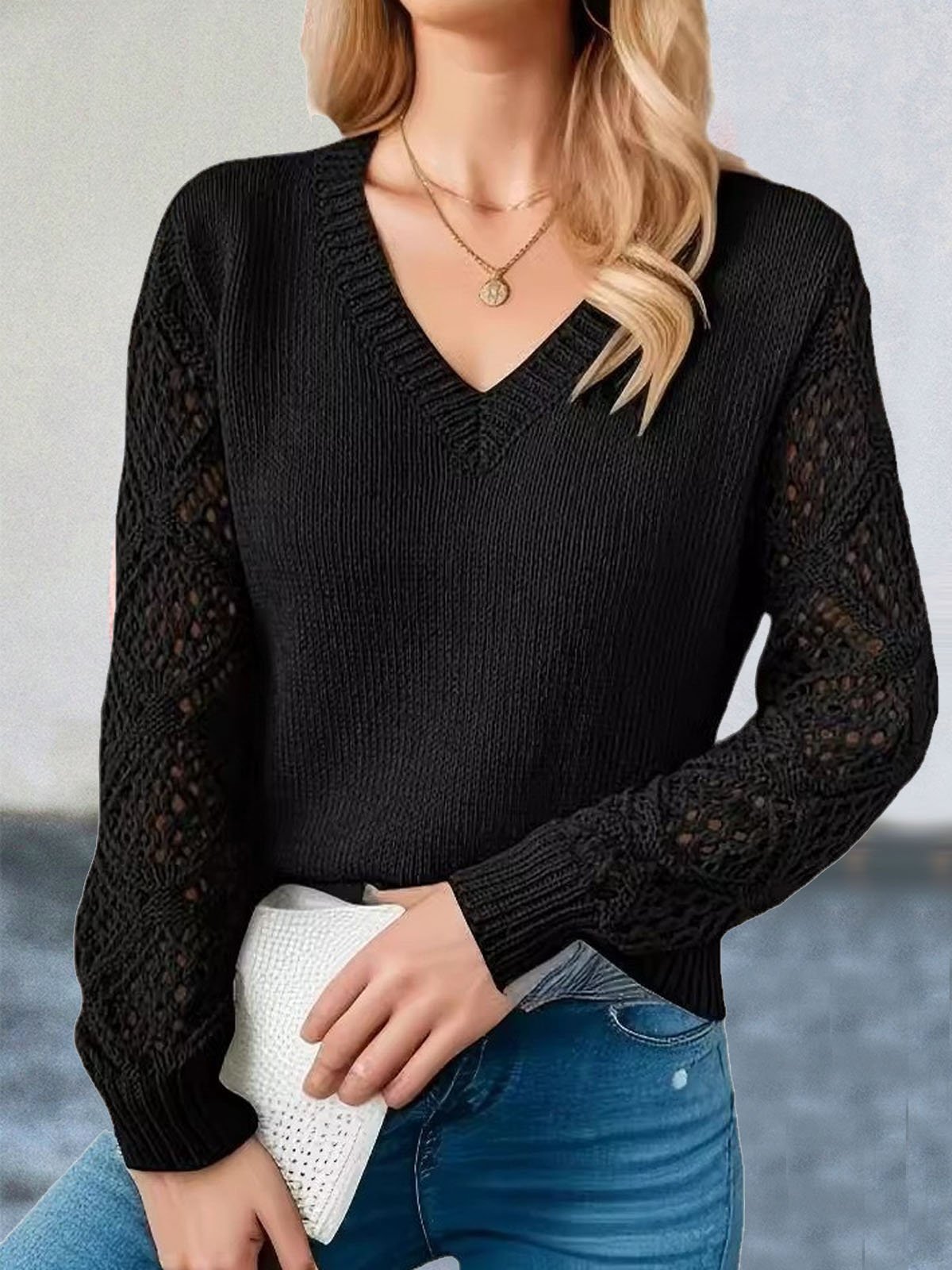 Damen Garn/Wollgarn Unifarben Langarm Bequem Lässig Ausgehöhlt Pullover