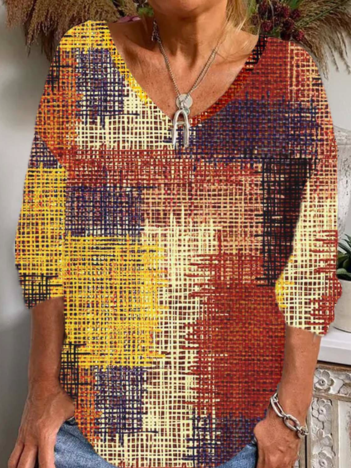 Lässig Geometrisch V-Ausschnitt Langarm T-Shirt