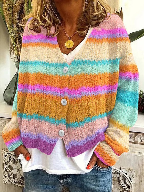 Damen Garn/Wollgarn abstrakte Streifen Langarm Bequem Lässig Schnalle Strickjacke