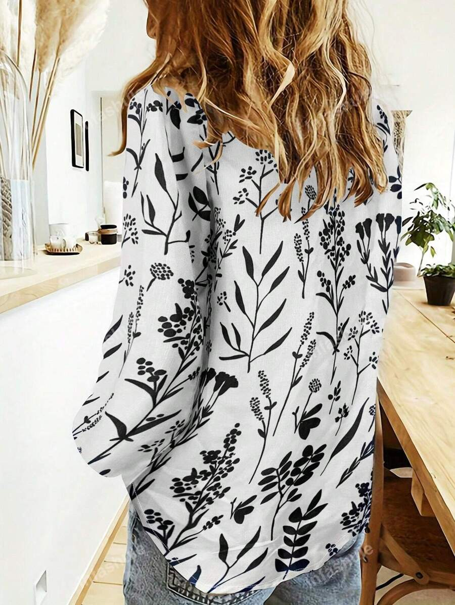 Hemdkragen Langarm Geblümt Leicht Regelmäßige Passform Bluse für Damen