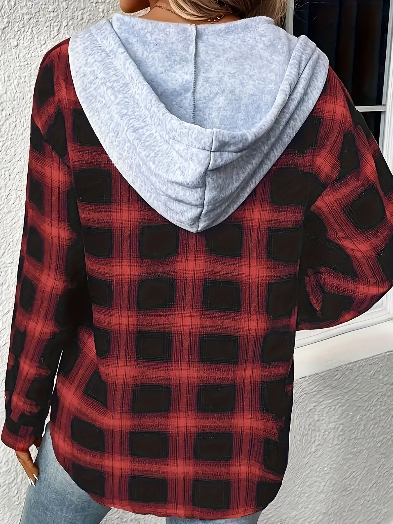 Hemdkragen Langarm Kariert Regelmäßig Weit Bluse für Damen