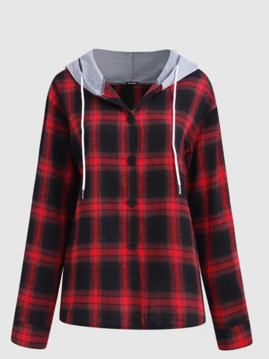 Hemdkragen Langarm Kariert Regelmäßig Weit Bluse für Damen