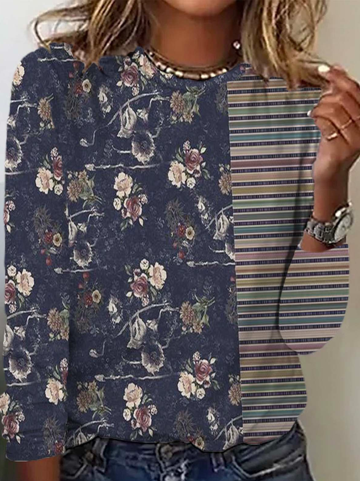 Lässig Gestreift Rundhals Langarm T-Shirt