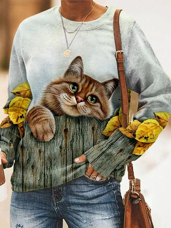 Lässig V-Ausschnitt Katze Sweatshirt