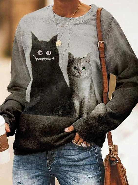 Lässig V-Ausschnitt Katze Sweatshirt