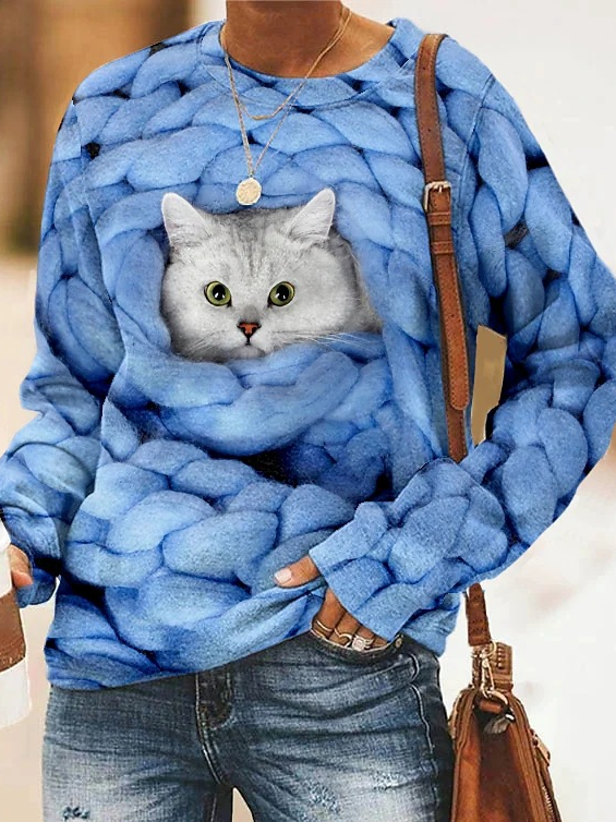 Lässig V-Ausschnitt Katze Sweatshirt