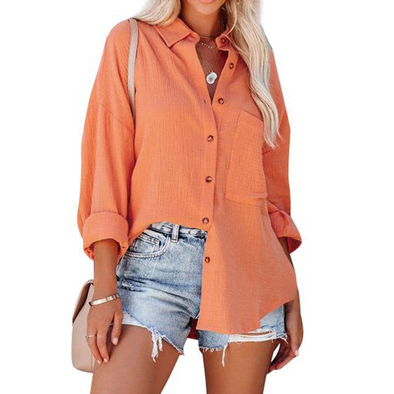 Hemdkragen Langarm Unifarben Regelmäßig Weit Bluse für Damen
