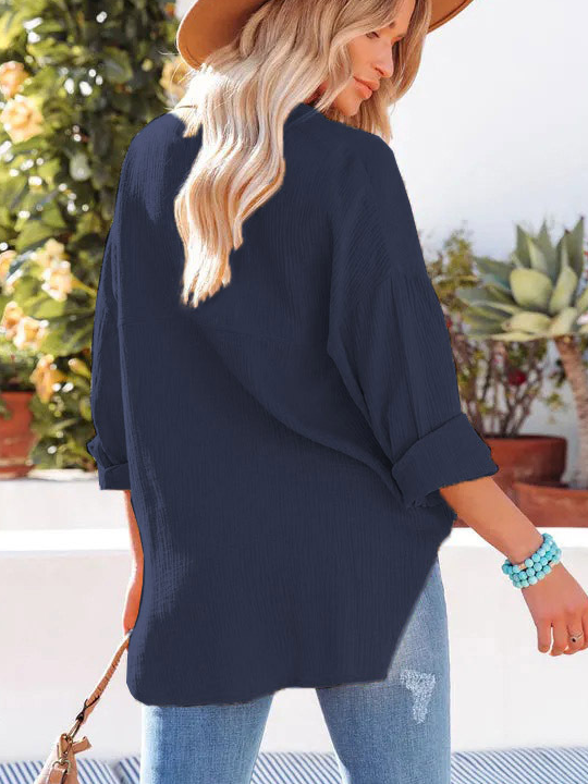 Hemdkragen Langarm Unifarben Regelmäßig Weit Bluse für Damen