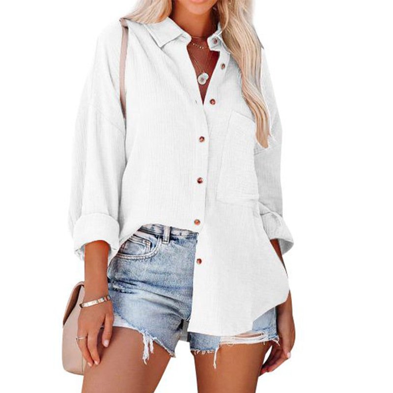 Hemdkragen Langarm Unifarben Regelmäßig Weit Bluse für Damen