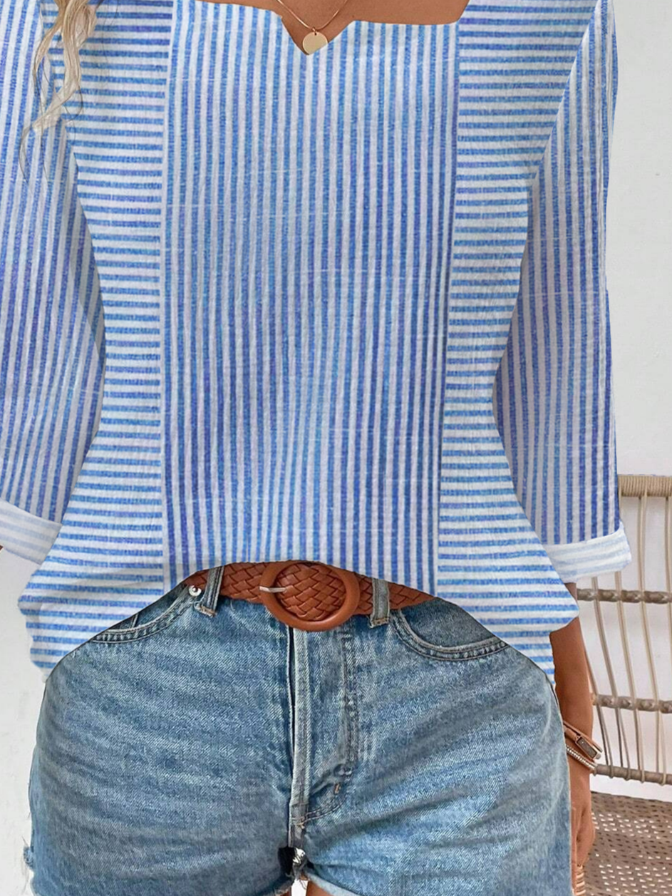 Lässig Gestreift Gekerbt Dreiviertelärmel T-Shirt