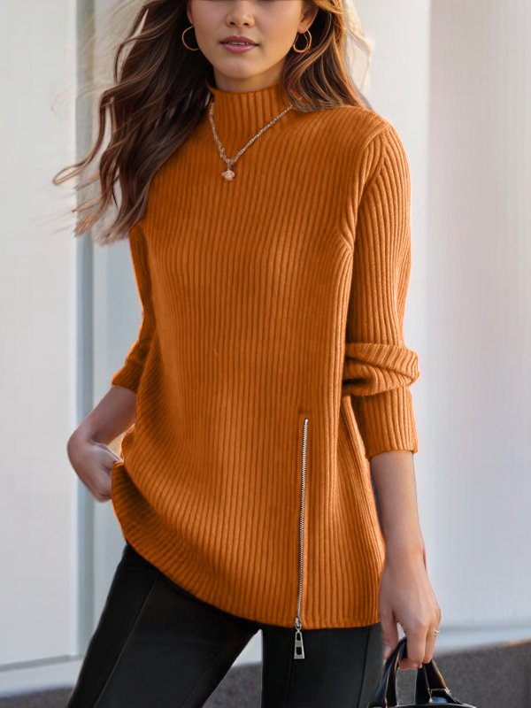 Damen Garn/Wollgarn Unifarben Langarm Bequem Lässig Reißverschluss Pullover