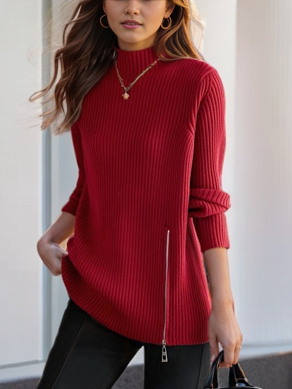 Damen Garn/Wollgarn Unifarben Langarm Bequem Lässig Reißverschluss Pullover