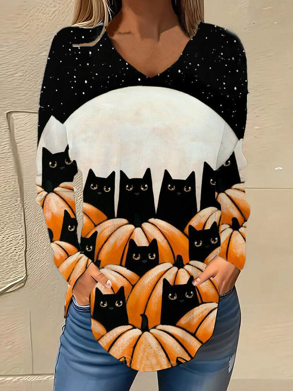 V-Ausschnitt Langarm Halloween Regelmäßig Mikroelastizität Weit Bluse für Damen