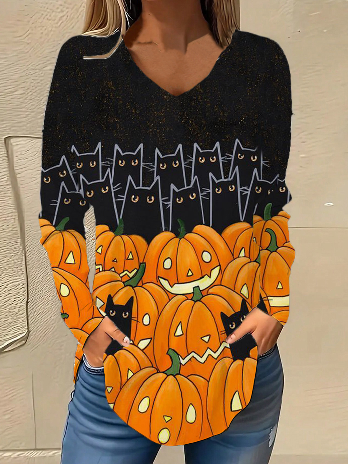 V-Ausschnitt Langarm Halloween Regelmäßig Mikroelastizität Weit Bluse für Damen
