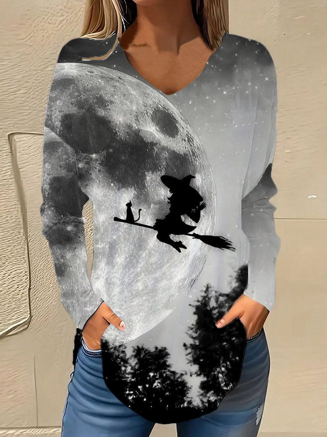 V-Ausschnitt Langarm Halloween Regelmäßig Mikroelastizität Weit Bluse für Damen