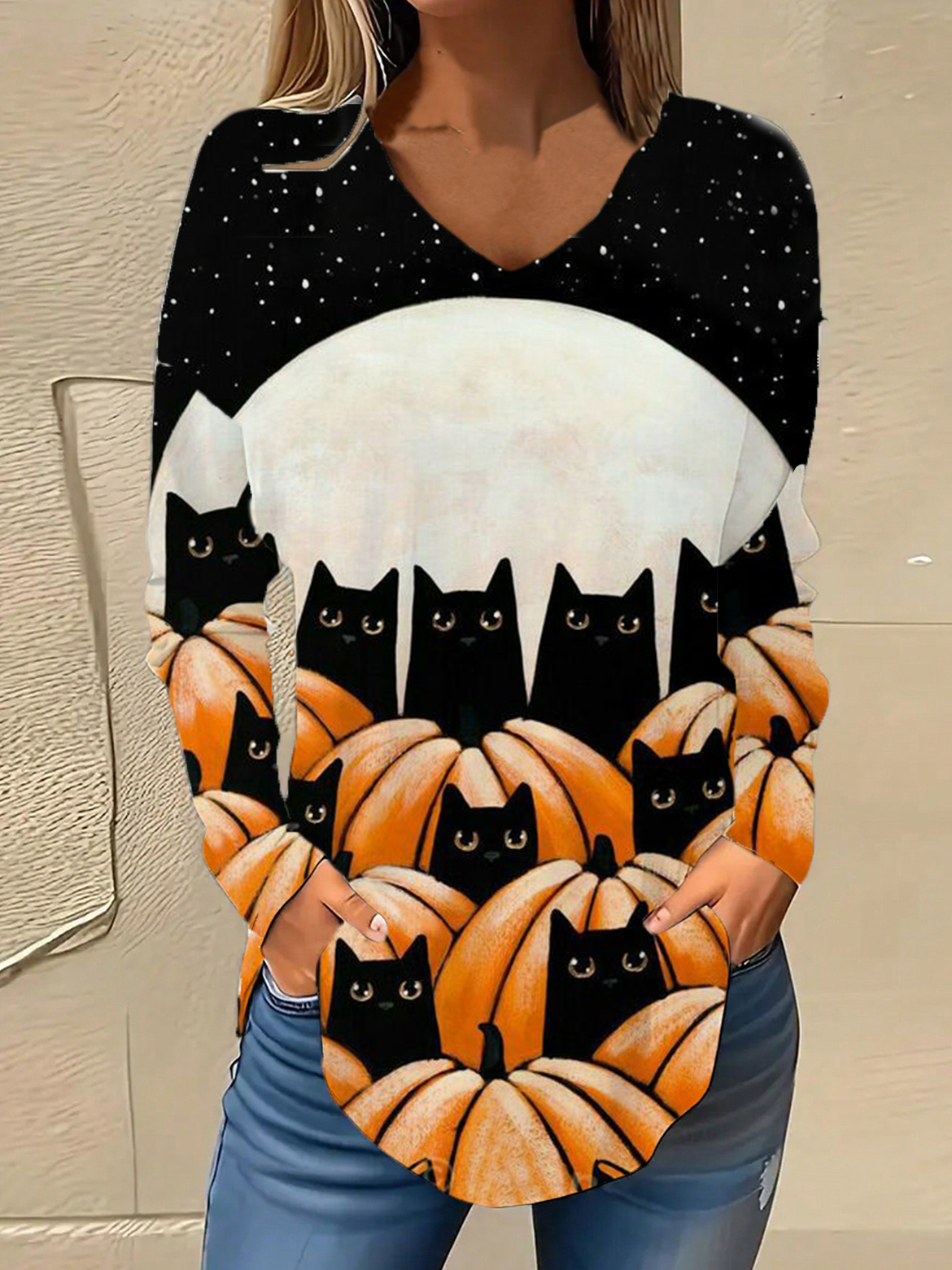 V-Ausschnitt Langarm Halloween Regelmäßig Mikroelastizität Weit Bluse für Damen