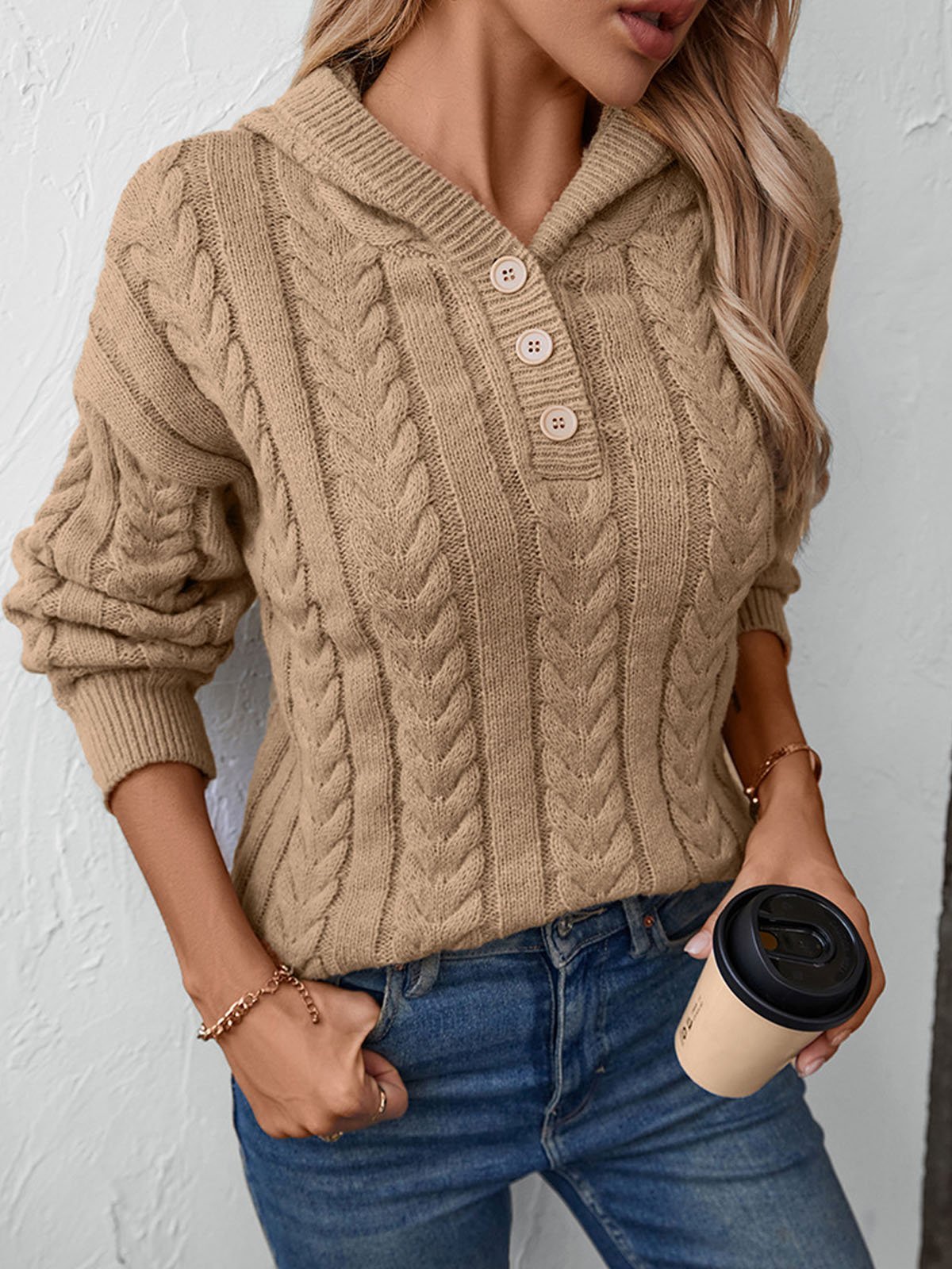 Damen Garn/Wollgarn Unifarben Langarm Bequem Lässig Schnalle Pullover