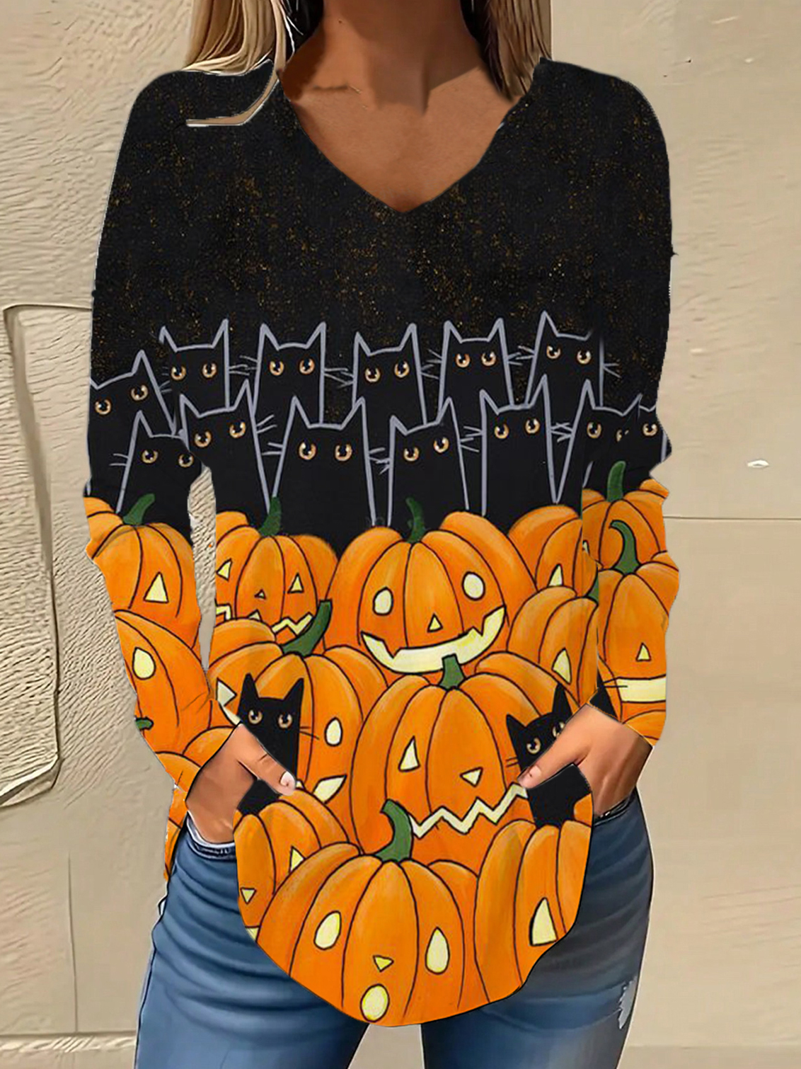 V-Ausschnitt Langarm Halloween Regelmäßig Mikroelastizität Weit Bluse für Damen