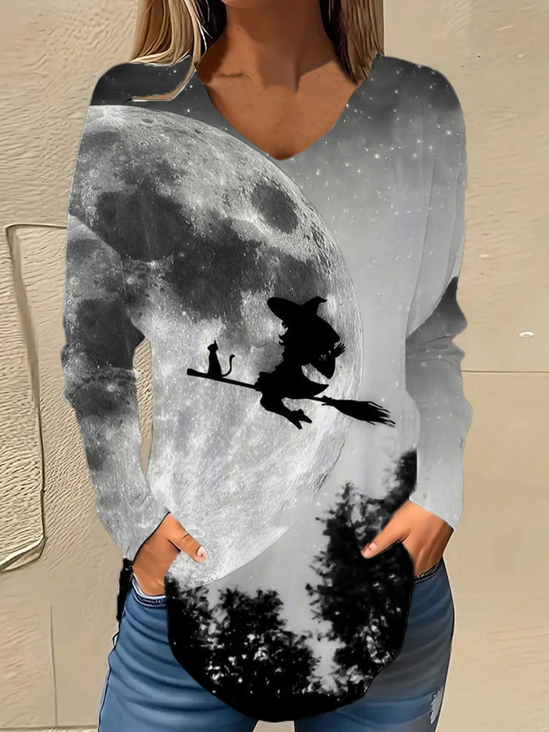 V-Ausschnitt Langarm Halloween Regelmäßig Mikroelastizität Weit Bluse für Damen