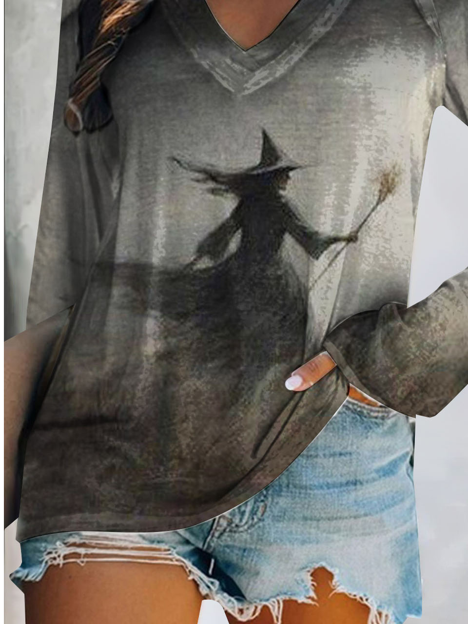 Lässig Halloween V-Ausschnitt Langarm T-Shirt