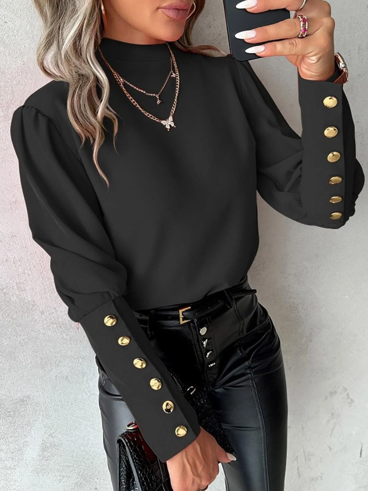 Mock Neck Langarm Unifarben Schnalle Regelmäßig Weit Bluse für Damen