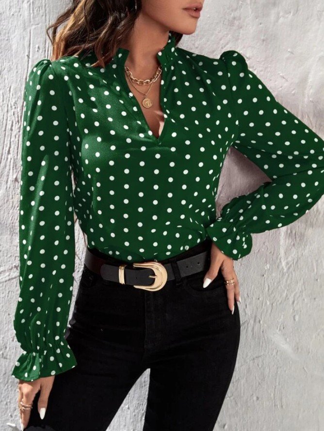 Stehkragen Langarm Polka Dots Regelmäßig Weit Bluse für Damen
