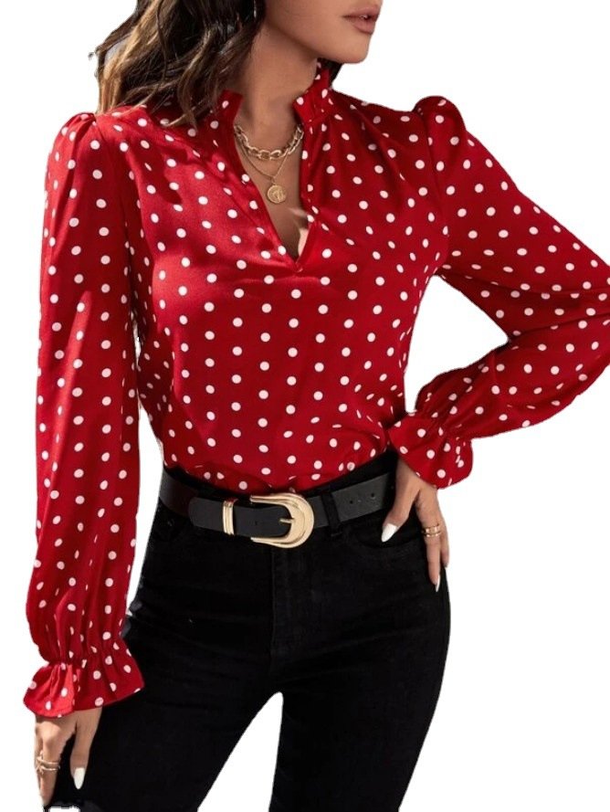Stehkragen Langarm Polka Dots Regelmäßig Weit Bluse für Damen