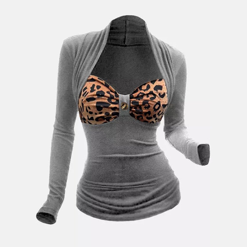 V-Ausschnitt Langarm Leopard Regelmäßig Mikroelastizität Weit Bluse für Damen