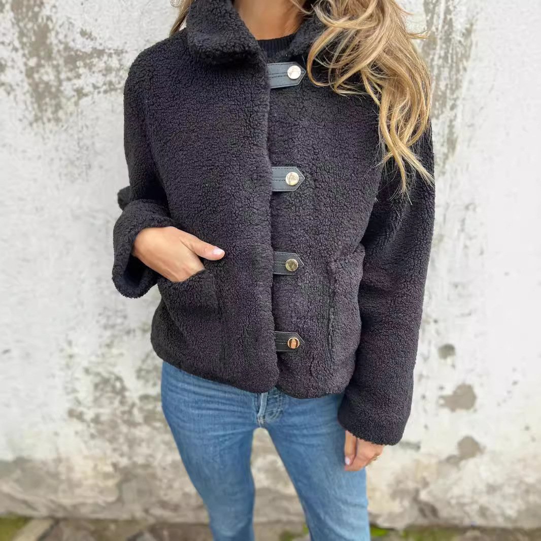 Damen Unifarben Sherpa-Jacke Schnalle Regelmäßig Regelmäßige Passform Teddy Jacke