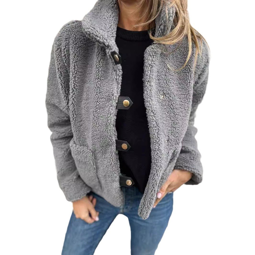 Damen Unifarben Sherpa-Jacke Schnalle Regelmäßig Regelmäßige Passform Teddy Jacke