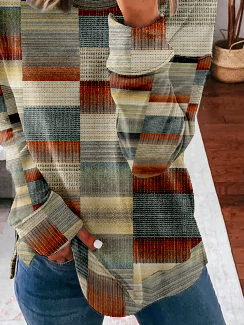 Lässig Rundhals Abstrakt Kariert Sweatshirt