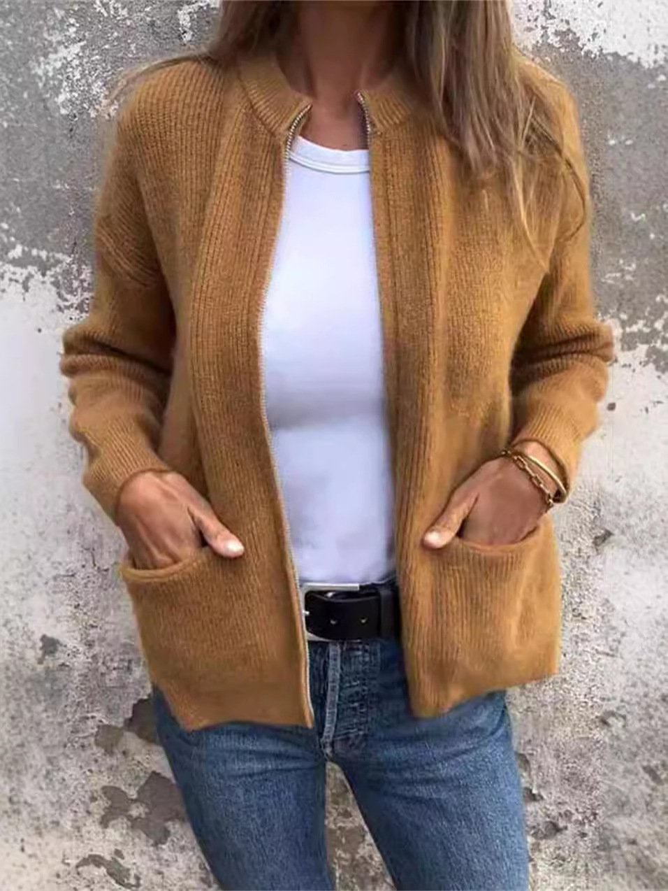 Damen Unifarben Reißverschluss Regelmäßig Weit Jacke