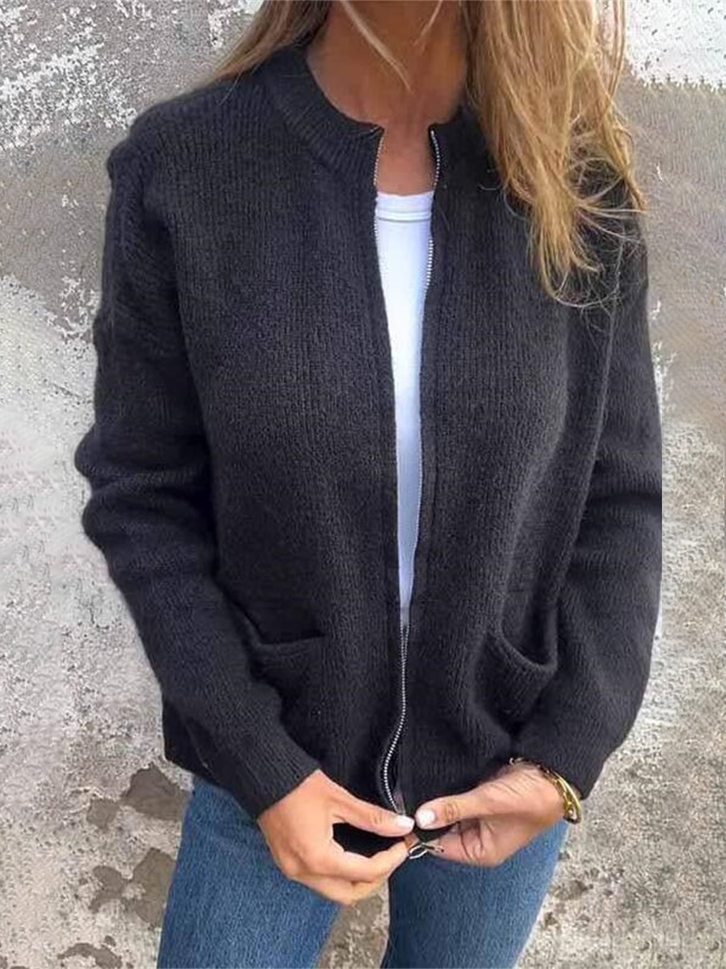 Damen Unifarben Reißverschluss Regelmäßig Weit Jacke