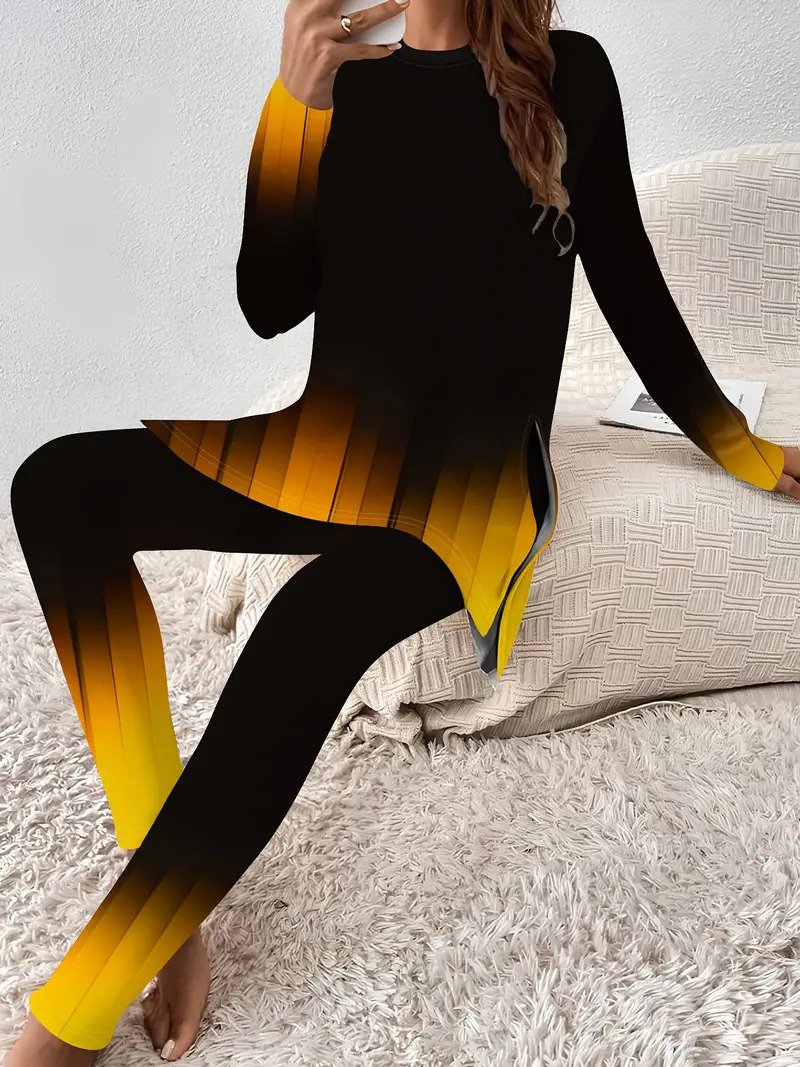 Damen Geometrisch Kapuze Langarm Bequem Lässig Bluse mit Hose Zweiteiliges Set