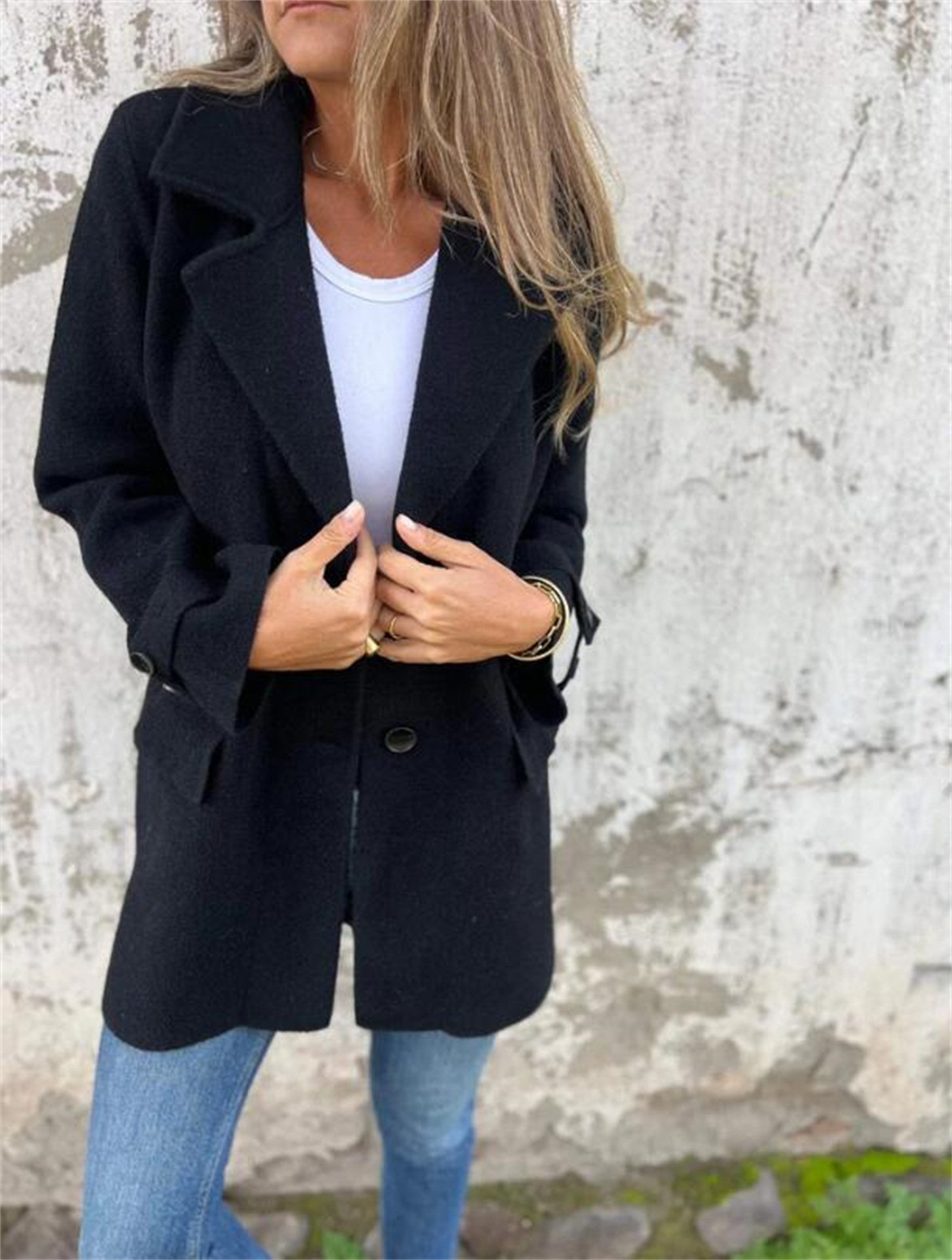 Damen Unifarben Schnalle Regelmäßig Weit Jacke