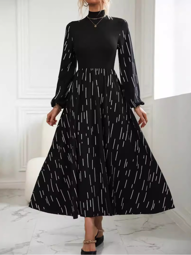Damen Geometrisch Langarm Bequem Lässig Spitze Maxikleid